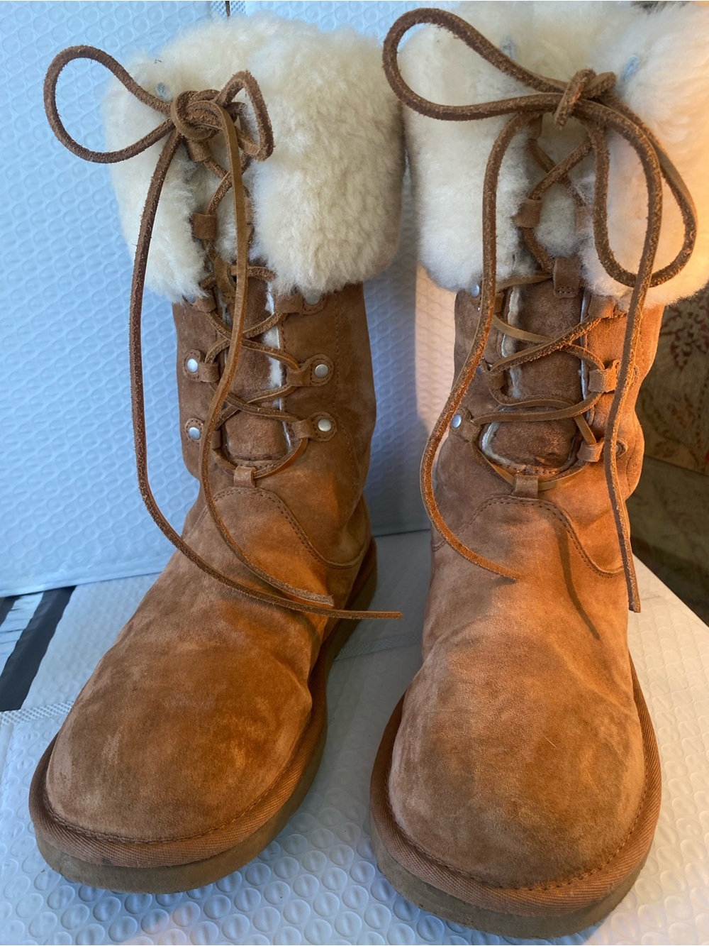 UGG Chestnut Suede Lace-Up Shearling Winter Boots